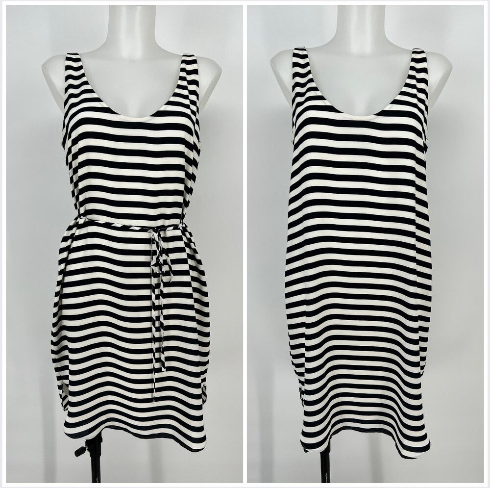 Ann Taylor LOFT Striped Belted Shift Dress Medium Navy Blue White Sleeveless Mid